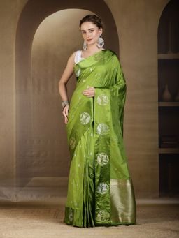MEENA BAZAAR - Green Woven Zari Art Silk Saree Without Blouse