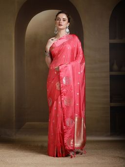 MEENA BAZAAR - Pink Woven Zari Art Silk Saree Without Blouse