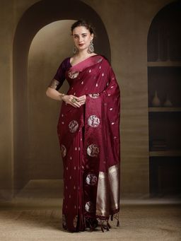 MEENA BAZAAR - Wine Woven Zari Art Silk Saree Without Blouse