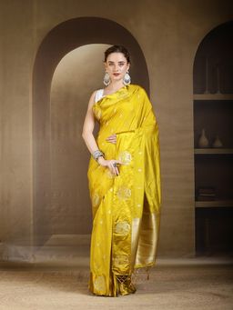 MEENA BAZAAR - Yellow WovenZari Art Silk Saree Without Blouse