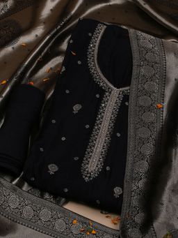 MEENA BAZAAR - Woven Chanderi Black Unstitched Kurta with Bottom and Dupatta
