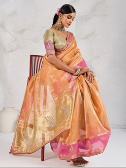 MEENA BAZAAR - Peach Linen Embellished Saree Without Blouse