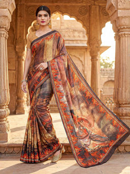 Akhilam - Women Beige Art Silk Graphic Saree with Unstitched Blouse
