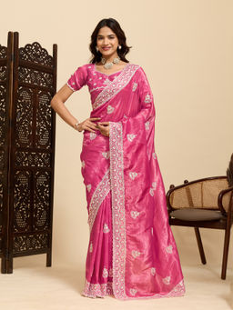 Akhilam - Women Pink Silk Embroidered Saree with Unstitched Blouse