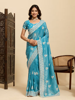 Akhilam - Women Blue Silk Embroidered Saree with Unstitched Blouse