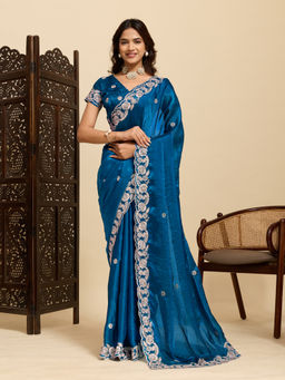 Akhilam - Women Teal Satin Embroidered Saree with Unstitched Blouse