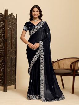 Akhilam - Women Black Satin Embroidered Saree with Unstitched Blouse