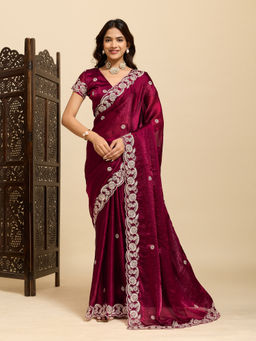Akhilam - Women Burgundy Satin Embroidered Saree with Unstitched Blouse