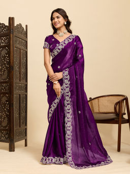 Akhilam - Women Purple Satin Embroidered Saree with Unstitched Blouse