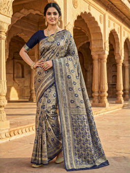 Akhilam - Women Navy Blue Silk Blend Woven Saree with Unstitched Blouse