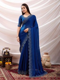 MEENA BAZAAR - Blue Chinon Embellished Saree Without Blouse