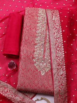 MEENA BAZAAR - Embroidered Chanderi Pink Unstitched Kurta with Bottom and Dupatta