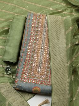 MEENA BAZAAR - Embroidered Chanderi Green Unstitched Kurta with Bottom and Dupatta