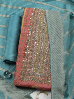 MEENA BAZAAR - Embroidered Chanderi Peach Unstitched Kurta with Bottom and Dupatta