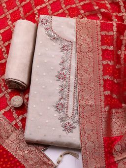 MEENA BAZAAR - Women Embroidered Chanderi Pink Unstitched Kurta with Bottom and Dupatta