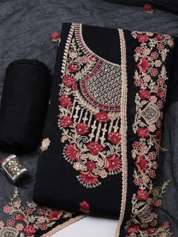 MEENA BAZAAR - Embroidered Cotton Black Unstitched Kurta with Bottom and Dupatta