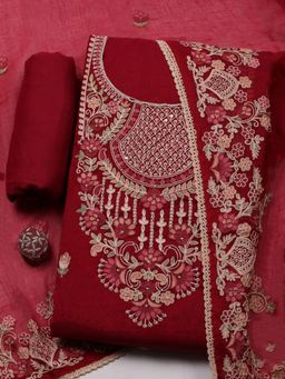 MEENA BAZAAR - Embroidered Cotton Maroon Unstitched Kurta with Bottom and Dupatta