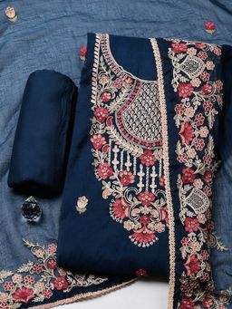MEENA BAZAAR - Women Embroidered Cotton Blue Unstitched Kurta with Bottom and Dupatta
