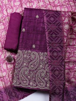 MEENA BAZAAR - Embroidered Art Silk Purple Unstitched Kurta with Bottom and Dupatta