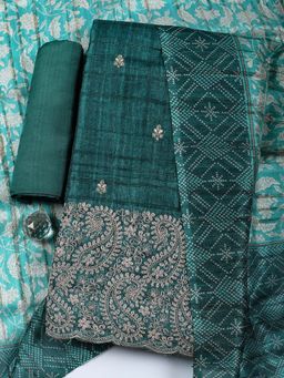 MEENA BAZAAR - Embroidered Art Silk Green Unstitched Kurta with Bottom and Dupatta