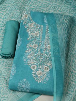 MEENA BAZAAR - Linen Blue Unstitched Kurta with Bottom and Dupatta
