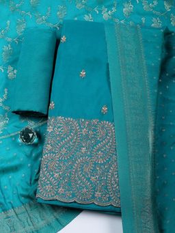 MEENA BAZAAR - Embroidered Chanderi Blue Unstitched Kurta with Bottom and Dupatta
