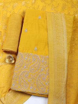 MEENA BAZAAR - Embroidered Chanderi Mustard Unstitched Kurta with Bottom and Dupatta