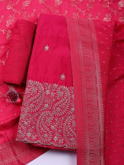 MEENA BAZAAR - Women' Embroidered Chanderi Pink Unstitched Kurta with Bottom and Dupatta