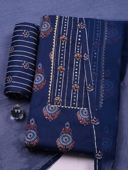 MEENA BAZAAR - Women Embroidered Cotton Blue Unstitched Kurta with Bottom and Dupatta