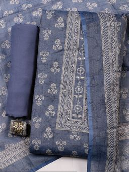 MEENA BAZAAR - Mirror Work Blue Unstitched Kurta with Bottom and Dupatta