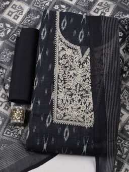 MEENA BAZAAR - Embroidered Linen Black Unstitched Kurta with Bottom and Dupatta