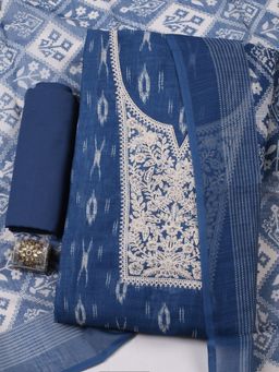 MEENA BAZAAR - Embroidered Linen Blue Unstitched Kurta with Bottom and Dupatta