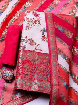 MEENA BAZAAR - White Art Silk Cream Unstitched Kurta with Bottom and Dupatta