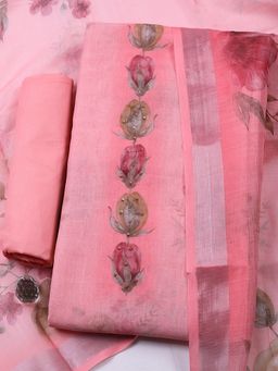 MEENA BAZAAR - Floral Linen Pink Unstitched Kurta with Bottom and Dupatta
