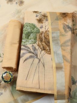 MEENA BAZAAR - Floral Linen Yellow Unstitched Kurta with Bottom and Dupatta
