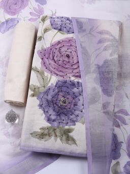 MEENA BAZAAR - Floral Linen Mauve Unstitched Kurta with Bottom and Dupatta