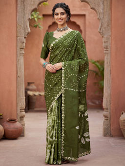 Akhilam - Women Green Crepe Abstract Saree with Unstitched Blouse