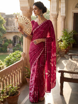 Akhilam - Women Burgundy Crepe Abstract Saree with Unstitched Blouse