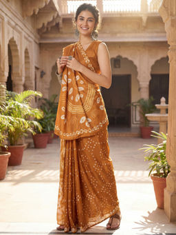 Akhilam - Women Mustard Crepe Abstract Saree with Unstitched Blouse