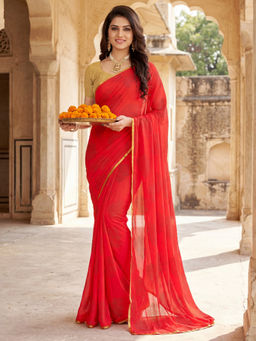 Sareemall - Women Chiffon Red Solid Saree With Unstitched Blouse