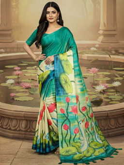Akhilam - Women Green Tussar Silk Floral Saree with Unstitched Blouse