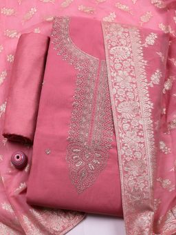 MEENA BAZAAR - Women Embroidered Chanderi Pink Unstitched Kurta with Bottom and Dupatta