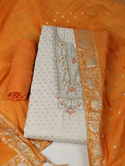 MEENA BAZAAR - Chanderi Cream Unstitched Kurta with Bottom and Dupatta