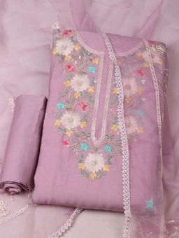 MEENA BAZAAR - Women Embroidered Chanderi Pink Unstitched Kurta with Bottom and Dupatta