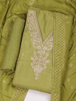 MEENA BAZAAR - Women Embroidered Chanderi Green Unstitched Kurta with Bottom and Dupatta