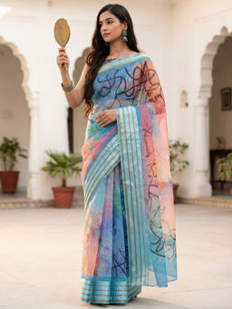 Akhilam - Women Blue Organza Abstract Saree with Unstitched Blouse