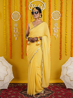 Akhilam - Women Yellow Georgette Embellished Saree with Unstitched Blouse