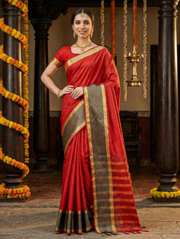 Akhilam - Women Red Cotton Silk Woven Saree with Unstitched Blouse