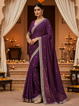 Akhilam - Women Purple Silk Embellished Saree with Unstitched Blouse