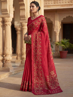 Akhilam - Women Red Cotton Slub Floral Saree with Unstitched Blouse